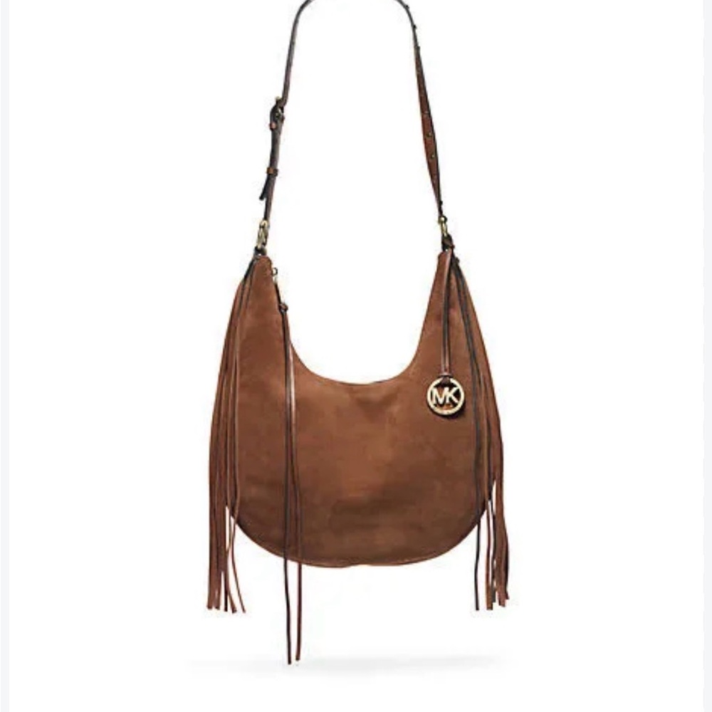 Michael Kors Chestnut Suede Fringe Hobo with Gold MK Charm